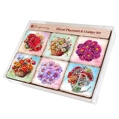 Bouquet of Flowers Wooden Cork Placemat and Coasters Gift Set of 7 by Nature Wonders