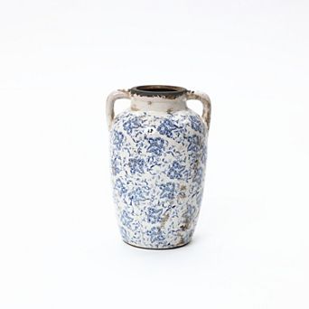 LuxenHome Vintage Blue Floral Vase with Handles, Decorative Ceramic Jar for Farmhouse Decor