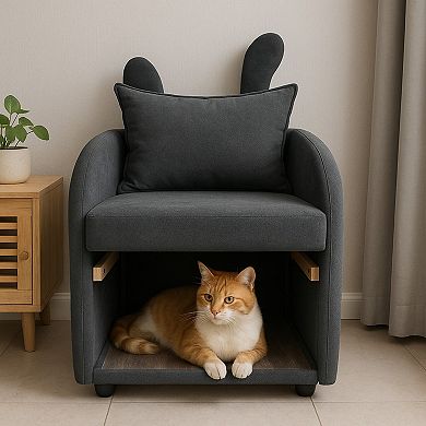 Bunny-Ear Pet-Friendly Armchair with Built-in Cat & Dog Hideaway