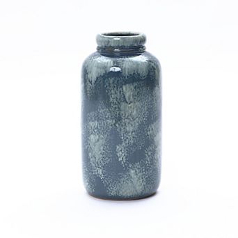 LuxenHome 13.8" Terracotta Blue Mottled Round Vase, Ceramic Jar for Dried Flowers & Home Decor