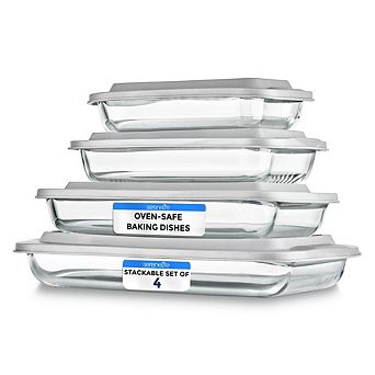 SereneLife High Borosilicate Glass Bakeware Set - Rectangular with BPA-Free Lids - 4 pc