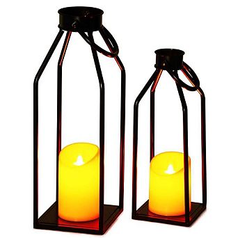 G128 2 pc Black Metal Frame Flameless Candle Lanterns No Battery Included