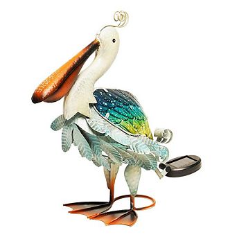 G128 Solar 17 Inch Coastal Ocean Bird Metal Pelican Garden Statue with Solar-Powered Light