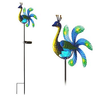 G128 Solar 38 in Peacock Metal Yard Wind Spinner Stake with LED Lights