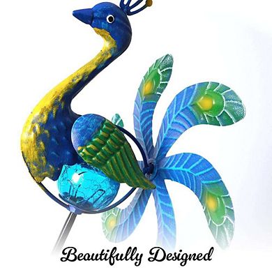 G128 Solar 38IN Peacock Metal Yard Wind Spinner Stake with LED Lights