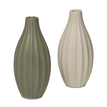 G128 2 pc 7.75 in Tall Modern Ceramic Vase Set Olive Green and Cream