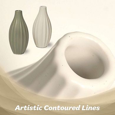 G128 2 Pcs 7.75 In Tall Modern Ceramic Vase Set Olive Green and Cream