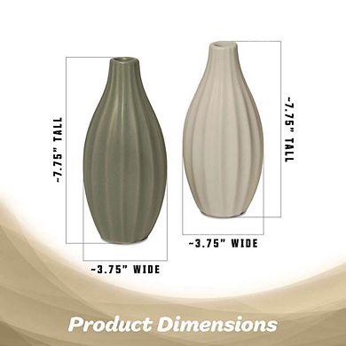G128 2 Pcs 7.75 In Tall Modern Ceramic Vase Set Olive Green and Cream