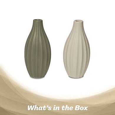 G128 2 Pcs 7.75 In Tall Modern Ceramic Vase Set Olive Green and Cream