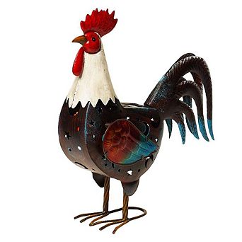 G128 Solar 18 in Farmhouse Rooster Metal Garden Statue with LED Lights