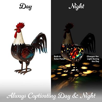 G128 Solar 18 in Farmhouse Rooster Metal Garden Statue with LED Lights