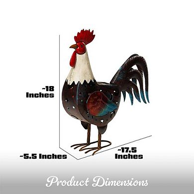 G128 Solar 18 in Farmhouse Rooster Metal Garden Statue with LED Lights