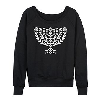 Women's Hanukkah Menorah Floral French Terry Long Sleeve Tee