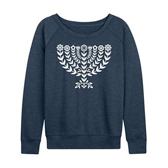 Women's Hanukkah Menorah Floral French Terry Long Sleeve Tee