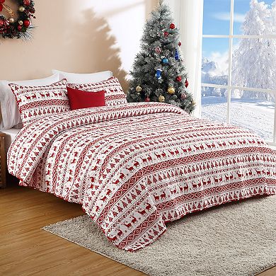 Christmas Quilt Set Boho Bedspread Coverlet Sets with Christmas Tree Reindeer Snowflakes