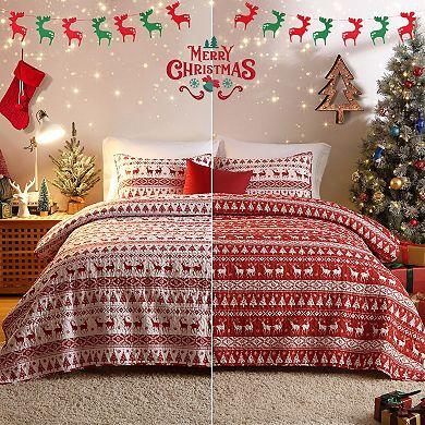 Christmas Quilt Set Boho Bedspread Coverlet Sets with Christmas Tree Reindeer Snowflakes