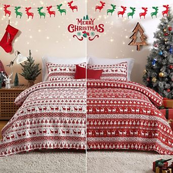 Christmas Quilt Set Boho Bedspread Coverlet Sets with Christmas Tree Reindeer Snowflakes