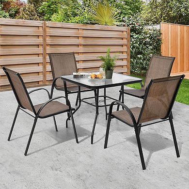 5-Piece Metal Outdoor Dining Set, Textilene Stackable Chairs and Umbrella Hole