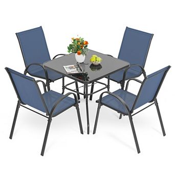 5 pc Metal Outdoor Dining Set, Textilene Stackable Chairs and Umbrella Hole