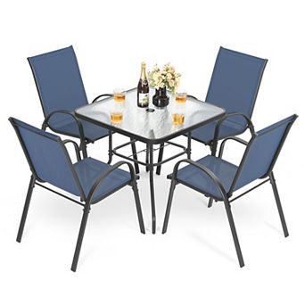 5 pc Metal Outdoor Dining Set, Textilene Stackable Chairs and Umbrella Hole