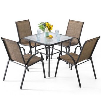 5 pc Metal Outdoor Dining Set, Textilene Stackable Chairs and Umbrella Hole