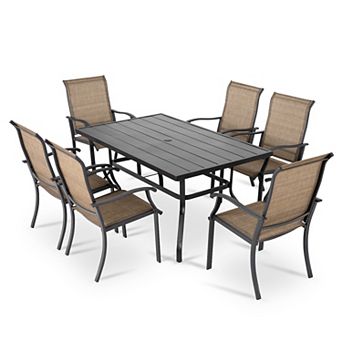 Outdoor 7 pc Dining Set, Textilene Fabric, Powder-coated Iron Frame, Black and Brown
