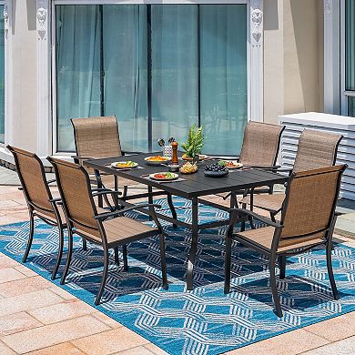 Outdoor 7-Piece Dining Set, Textilene Fabric, Powder-coated Iron Frame, Black and Brown