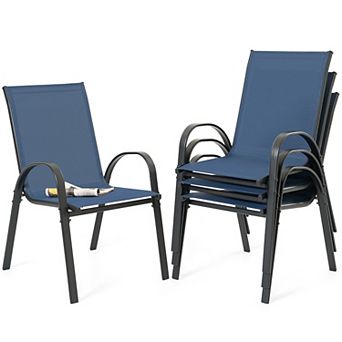 Patio 4 pc Textilene and Metal Dining Chairs with Armrests and Stackable Design