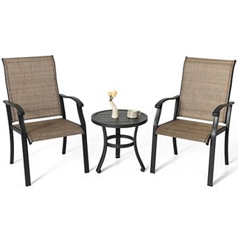 Outdoor 3 pc Patio Bistro Set, Textilene Fabric, Powder-Coated Iron Frame, Black and Brown