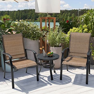 Outdoor 3-Piece Patio Bistro Set, Textilene Fabric, Powder-Coated Iron Frame, Black and Brown