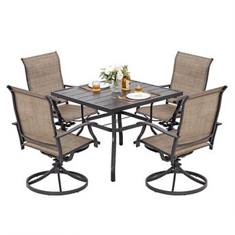 Outdoor 5 pc Dining Set, Textilene Fabric, Powder-coated Iron Frame, Black and Brown