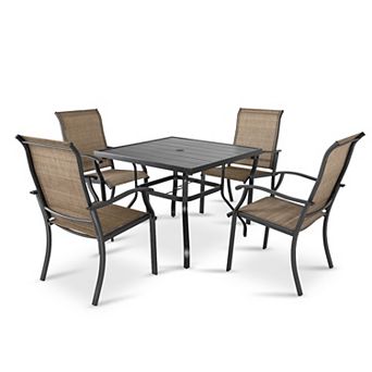 Outdoor Patio 5 pc Dining Set, Textilene Fabric, Powder-coated Iron Frame, Black and Brown