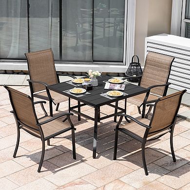 Outdoor Patio 5-Piece Dining Set, Textilene Fabric, Powder-coated Iron Frame, Black and Brown