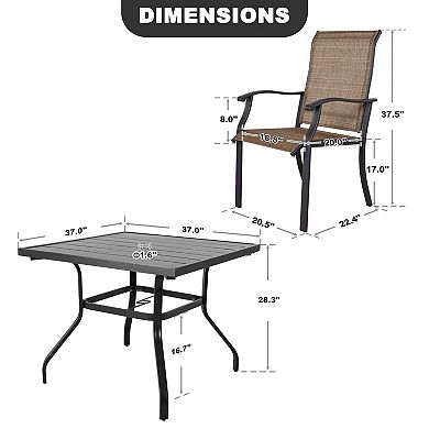 Outdoor Patio 5-Piece Dining Set, Textilene Fabric, Powder-coated Iron Frame, Black and Brown