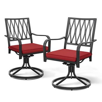 Outdoor 2 pc Metal Swivel Dining Chairs with Red Olefin Cushions, Black and Red