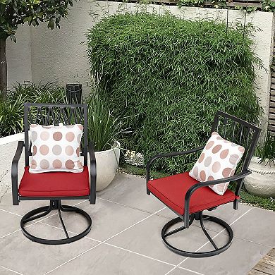 Outdoor 2-Piece Metal Swivel Dining Chairs with Removable Red Olefin Cushions, Black and Red