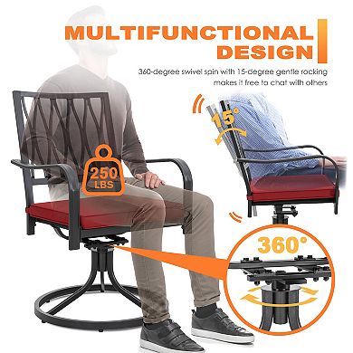 Outdoor 2-Piece Metal Swivel Dining Chairs with Removable Red Olefin Cushions, Black and Red