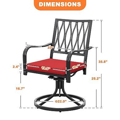 Outdoor 2-Piece Metal Swivel Dining Chairs with Removable Red Olefin Cushions, Black and Red