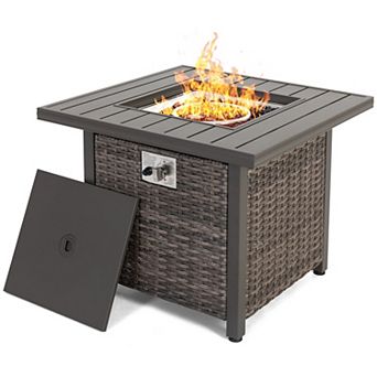 Outdoor 30'' Square Rattan Fire Pit Table with Metal Lid and Glass Beads, Brown