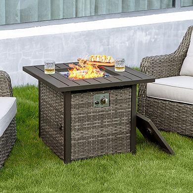 Outdoor 30 inch Square Rattan Fire Pit Table with Metal Lid and Glass Beads, Brown