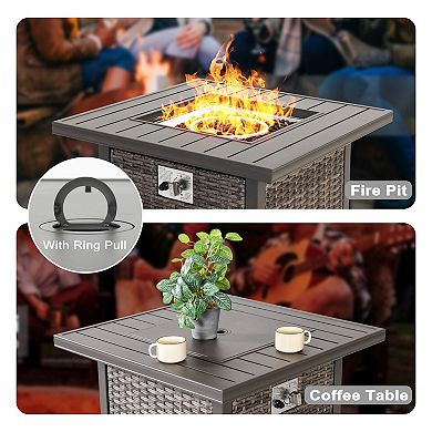 Outdoor 30 inch Square Rattan Fire Pit Table with Metal Lid and Glass Beads, Brown
