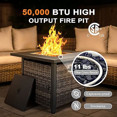 Outdoor 30 inch Square Rattan Fire Pit Table with Metal Lid and Glass Beads, Brown