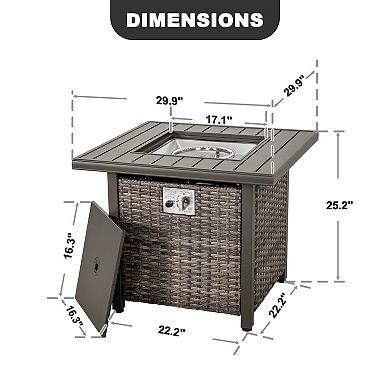 Outdoor 30 inch Square Rattan Fire Pit Table with Metal Lid and Glass Beads, Brown