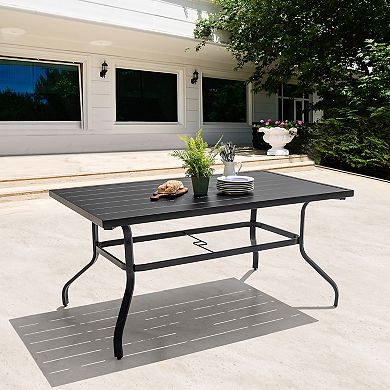 Outdoor Rectangle Powder-coated Iron Dining Table with 1.6'' Umbrella Hole, Black