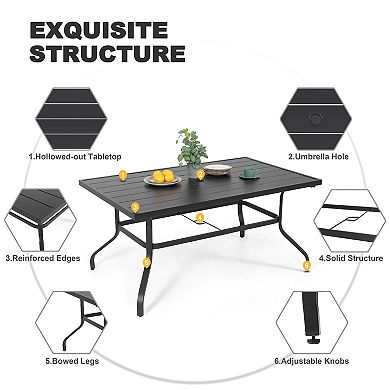 Outdoor Rectangle Powder-coated Iron Dining Table with 1.6'' Umbrella Hole, Black