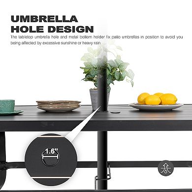 Outdoor Rectangle Powder-coated Iron Dining Table with 1.6'' Umbrella Hole, Black