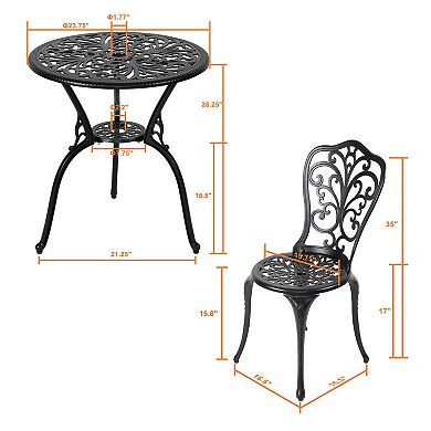 Outdoor 3-Piece Cast Aluminum Patio Set with 1.77" Umbrella Hole, Black