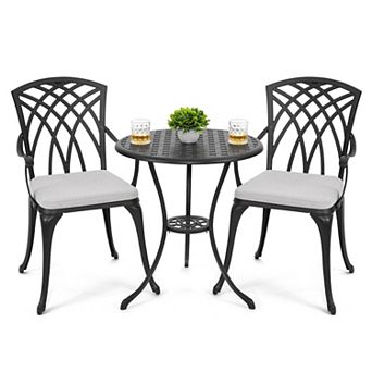 Outdoor 3 pc Cast Aluminum Patio Set, 24’’ Round Table and 2 Chairs with Cushions, Black and Grey