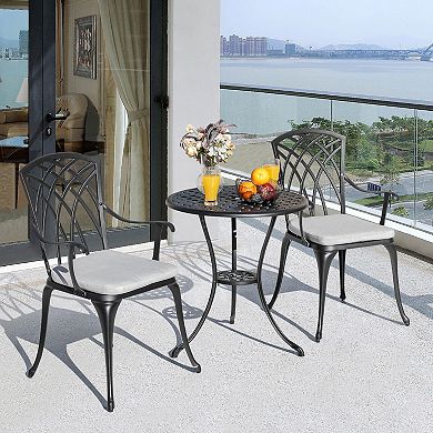24 Inch Cast Aluminum Bistro Table and 2 Bistro Chairs with Grey Cushions