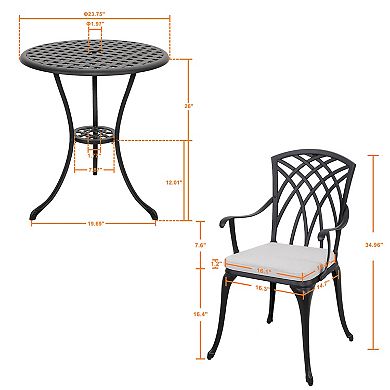 24 Inch Cast Aluminum Bistro Table and 2 Bistro Chairs with Grey Cushions